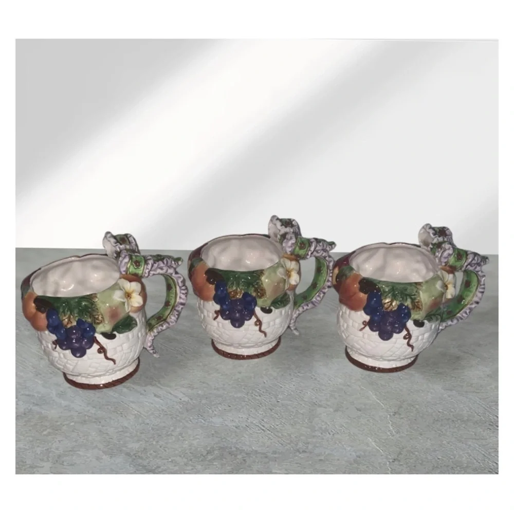 Tea For 3~Vintage 1970’s Colorful Fruit In A Basket~Ceramic Tea Pot & Three Cups